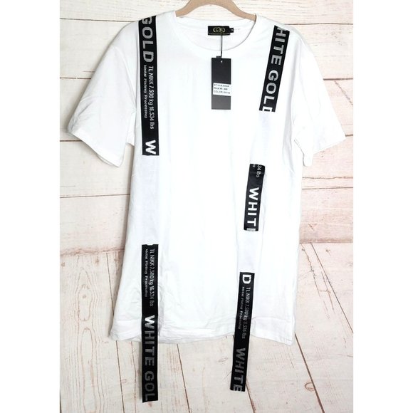 Gold Leaf Medium White Black Strap Style White Gold Crew Neck Designer T Shirt - Picture 1 of 13